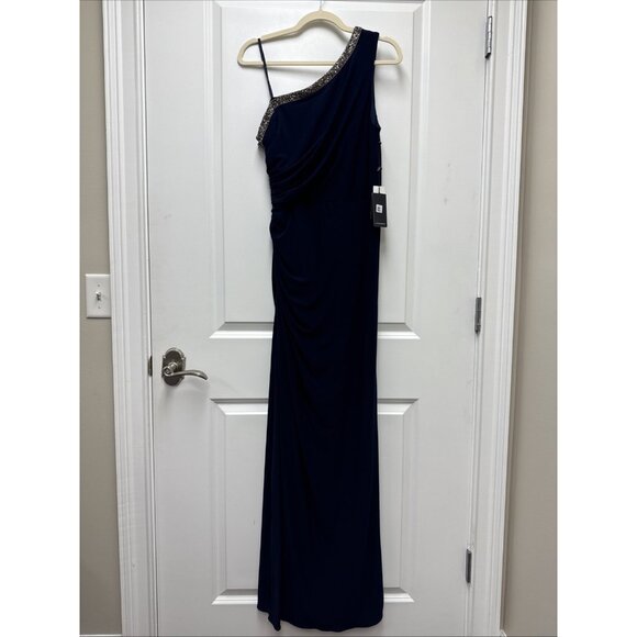 Adrianna Papell Size 12 Navy Blue EMBELLISHED One Shoulder Jersey Gown Dress NWT - Picture 9 of 12